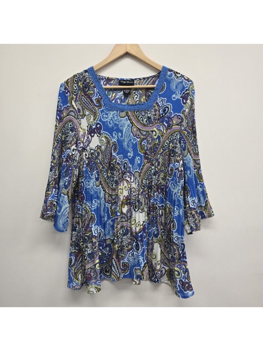 Maggie Barnes Paisley Tunic Blouse Top Size 0X 16W Pleated Lace Trim Semi Sheer